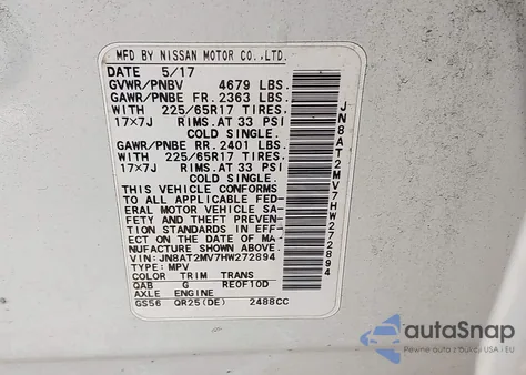 2017 Nissan Rogue Sv z USA, uszkodzony, nr VIN JN8AT2MV7HW272894